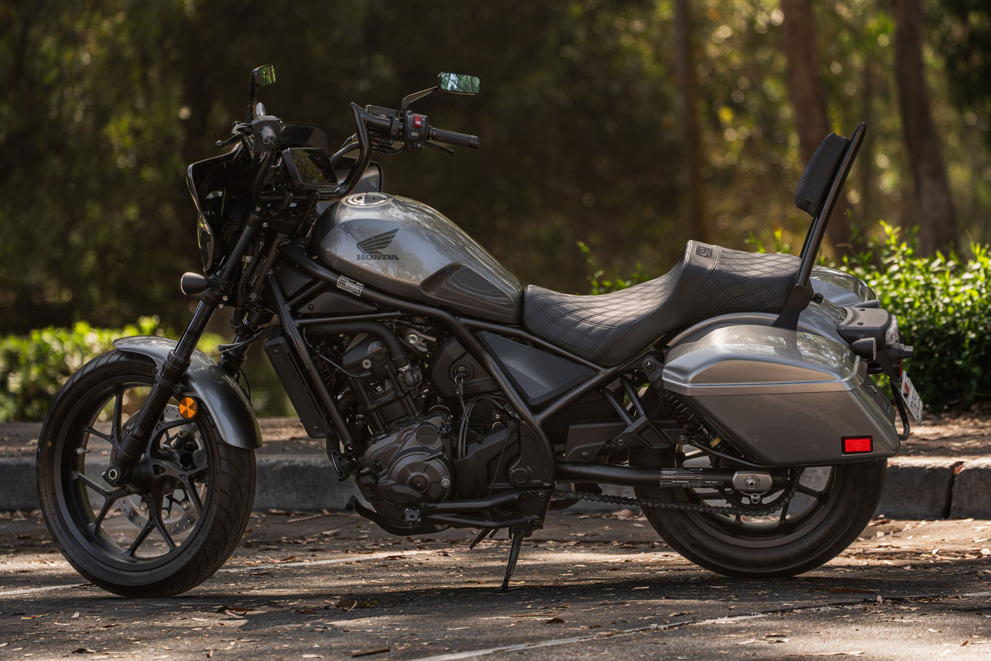 Rebel 1100 Seat & Sissy Bar Combo, Our Stealth-Grip™ Double Diamond 2-Up Saddle combined with our Diablo Sissy Bar with 100% Matching Double Diamond Backrest Pad!