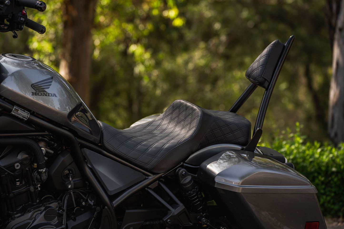 Rebel 1100 Seat & Sissy Bar Combo, Our Stealth-Grip™ Double Diamond 2-Up Saddle combined with our Diablo Sissy Bar with 100% Matching Double Diamond Backrest Pad!