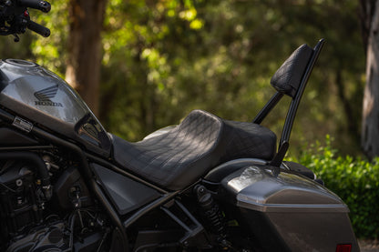 Rebel 1100 Seat & Sissy Bar Combo, Our Stealth-Grip™ Double Diamond 2-Up Saddle combined with our Diablo Sissy Bar with 100% Matching Double Diamond Backrest Pad!