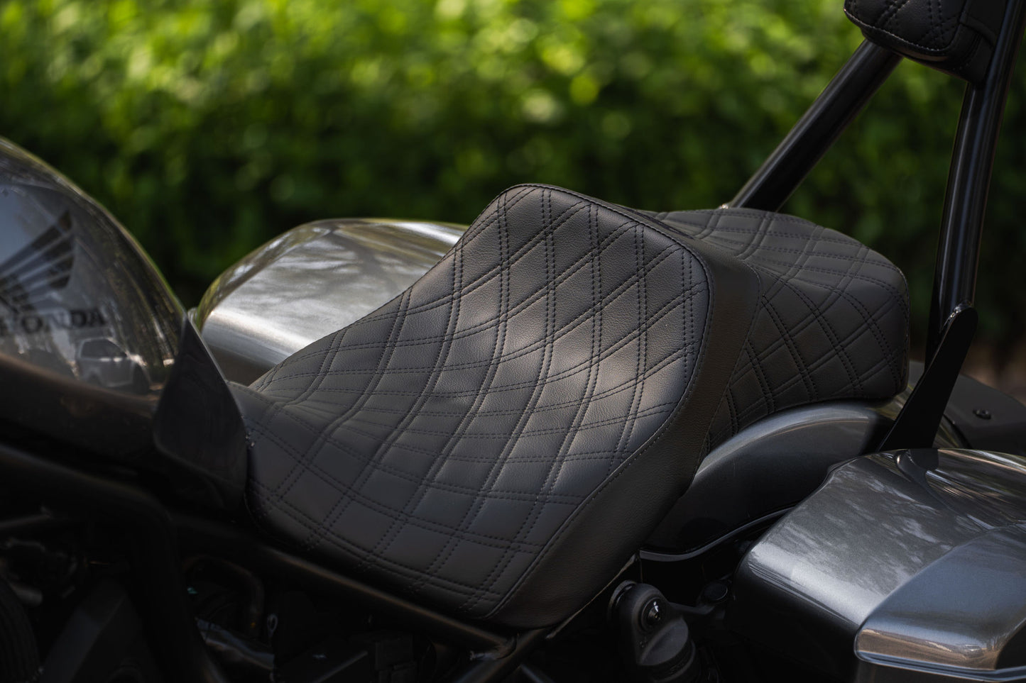 Rebel 1100 Seat & Sissy Bar Combo, Our Stealth-Grip™ Double Diamond 2-Up Saddle combined with our Diablo Sissy Bar with 100% Matching Double Diamond Backrest Pad!
