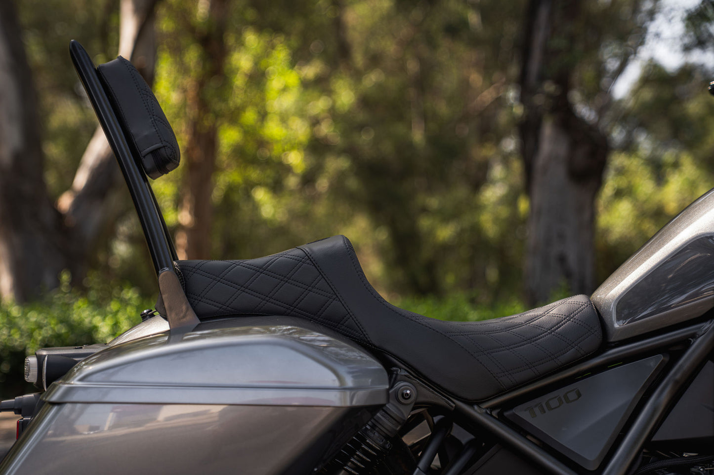 Rebel 1100 Seat & Sissy Bar Combo, Our Stealth-Grip™ Double Diamond 2-Up Saddle combined with our Diablo Sissy Bar with 100% Matching Double Diamond Backrest Pad!