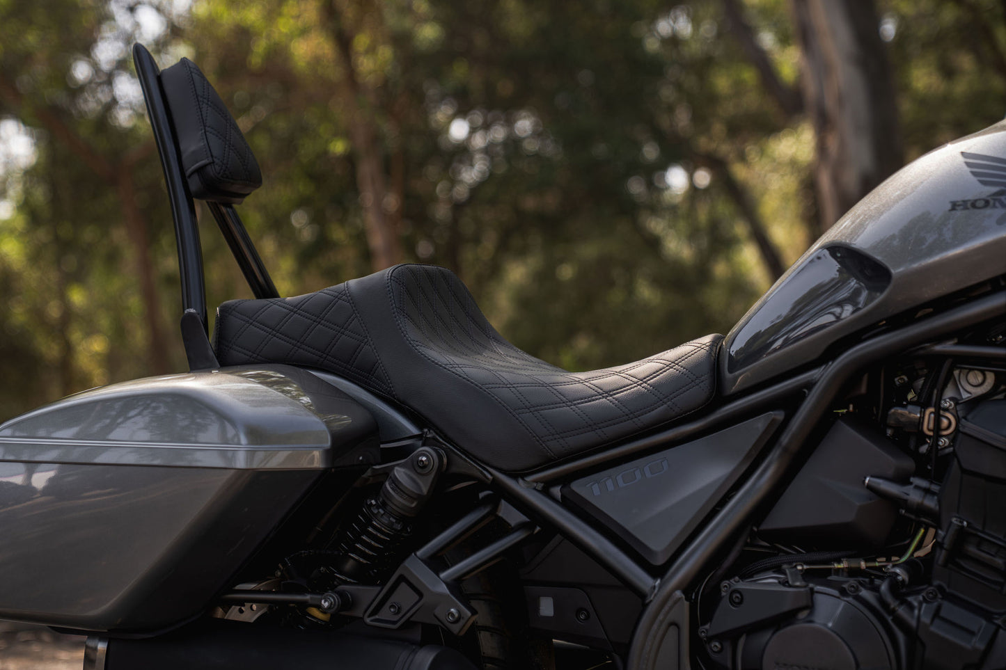 Rebel 1100 Seat & Sissy Bar Combo, Our Stealth-Grip™ Double Diamond 2-Up Saddle combined with our Diablo Sissy Bar with 100% Matching Double Diamond Backrest Pad!