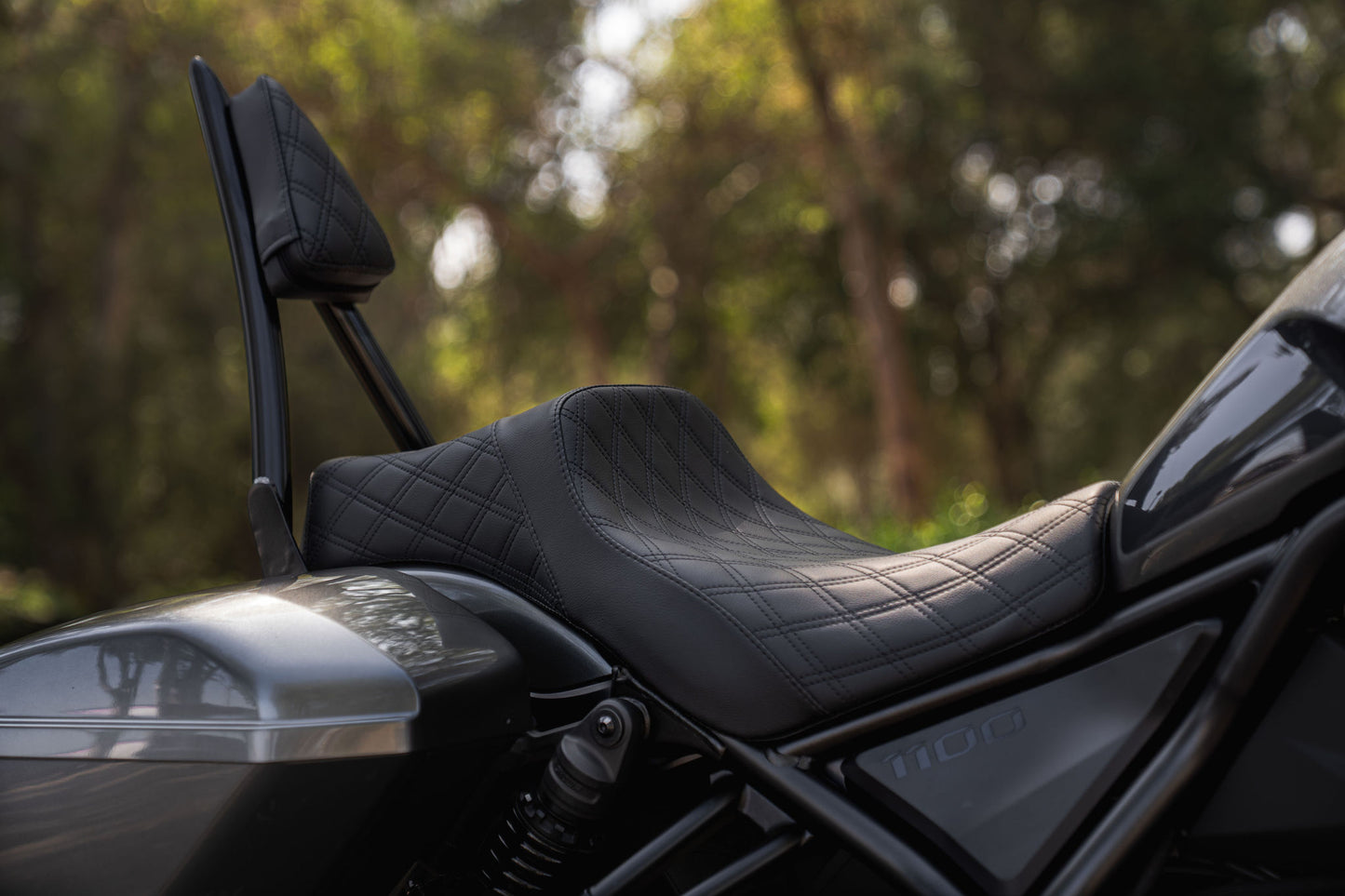 Rebel 1100 Seat & Sissy Bar Combo, Our Stealth-Grip™ Double Diamond 2-Up Saddle combined with our Diablo Sissy Bar with 100% Matching Double Diamond Backrest Pad!