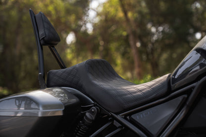 Rebel 1100 Seat & Sissy Bar Combo, Our Stealth-Grip™ Double Diamond 2-Up Saddle combined with our Diablo Sissy Bar with 100% Matching Double Diamond Backrest Pad!