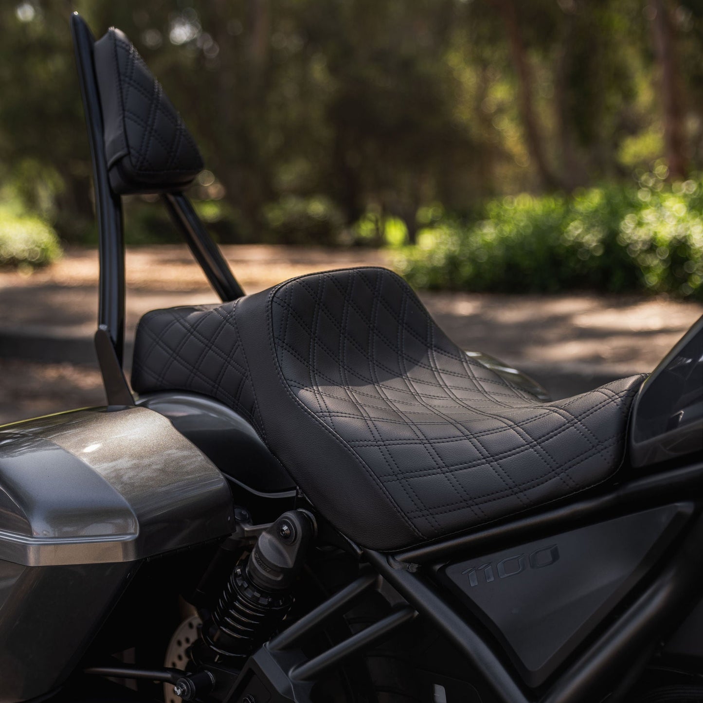 Rebel 1100 Seat & Sissy Bar Combo, Our Stealth-Grip™ Double Diamond 2-Up Saddle combined with our Diablo Sissy Bar with 100% Matching Double Diamond Backrest Pad!