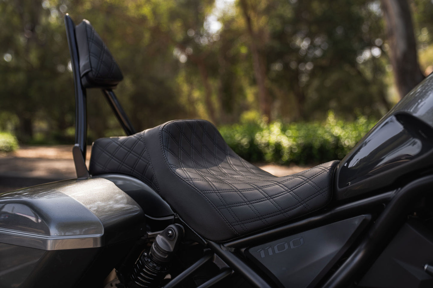 Rebel 1100 Seat & Sissy Bar Combo, Our Stealth-Grip™ Double Diamond 2-Up Saddle combined with our Diablo Sissy Bar with 100% Matching Double Diamond Backrest Pad!