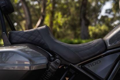 Rebel 1100 Seat & Sissy Bar Combo, Our Stealth-Grip™ Double Diamond 2-Up Saddle combined with our Diablo Sissy Bar with 100% Matching Double Diamond Backrest Pad!