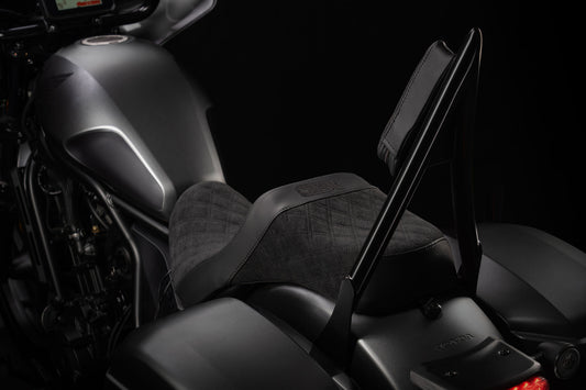 Super Suede™, Stealth-Grip™ Double Diamond 2-Up Custom Saddle combined with our Diablo Sissy Bar with 100% Matching Backrest Pad!