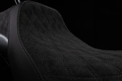Super Suede™, Stealth-Grip™ Double Diamond 2-Up Custom Saddle combined with our Diablo Sissy Bar with 100% Matching Backrest Pad!