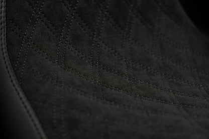 Super Suede™, Stealth-Grip™ Double Diamond 2-Up Custom Saddle combined with our Diablo Sissy Bar with 100% Matching Backrest Pad!