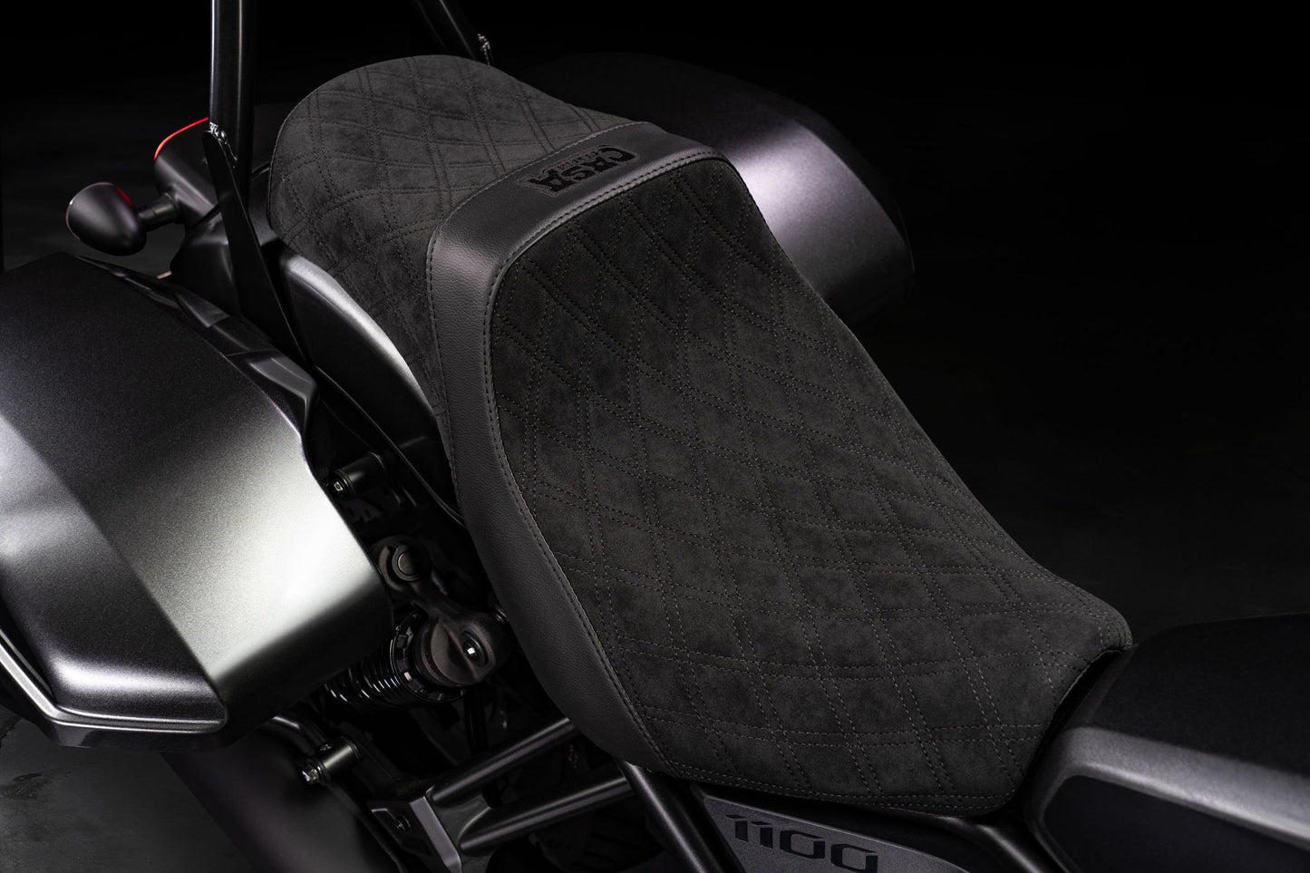 Super Suede™, Stealth-Grip™ Double Diamond 2-Up Custom Saddle combined with our Diablo Sissy Bar with 100% Matching Backrest Pad!