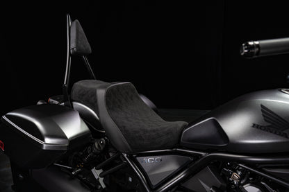 Super Suede™, Stealth-Grip™ Double Diamond 2-Up Custom Saddle combined with our Diablo Sissy Bar with 100% Matching Backrest Pad!