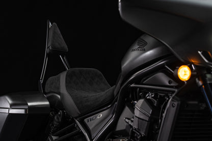 Super Suede™, Stealth-Grip™ Double Diamond 2-Up Custom Saddle combined with our Diablo Sissy Bar with 100% Matching Backrest Pad!